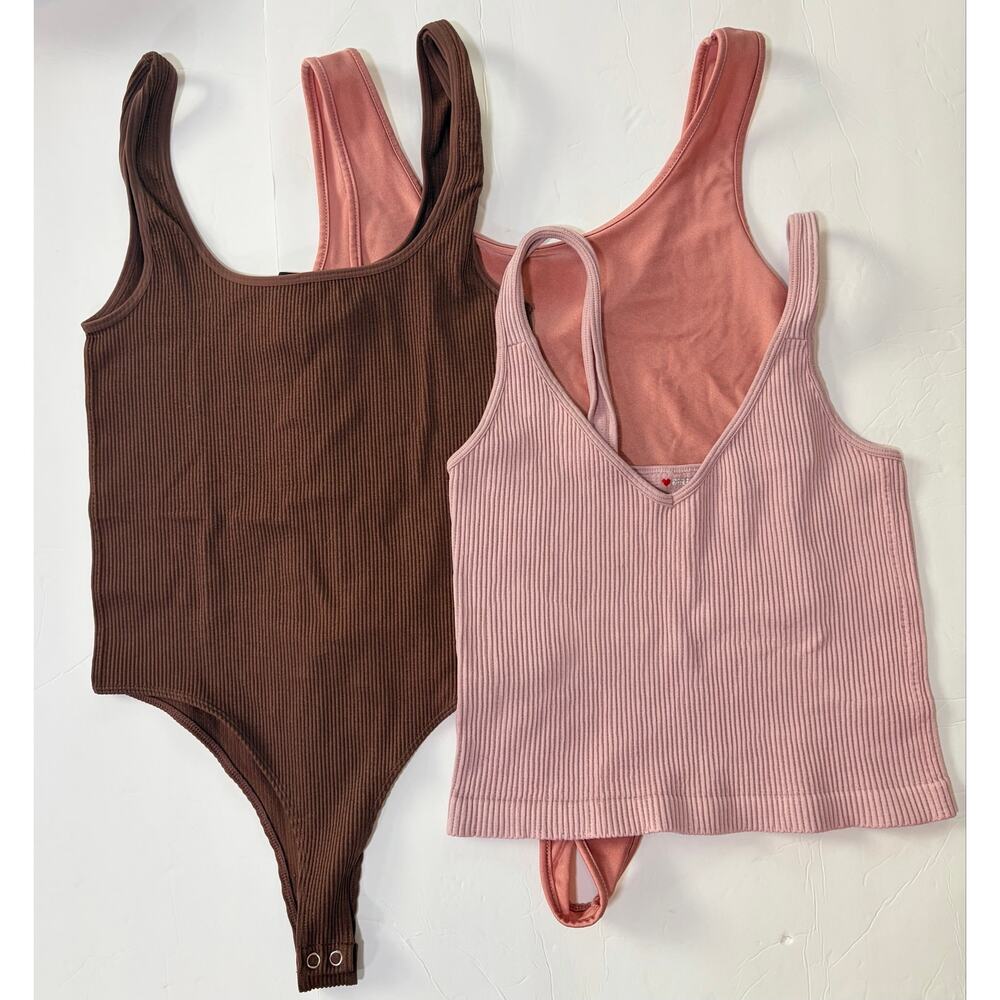 Women’s Ribbed Bodysuit & Tank Bundle Y2K Pink Brown Seamless Tops M/L